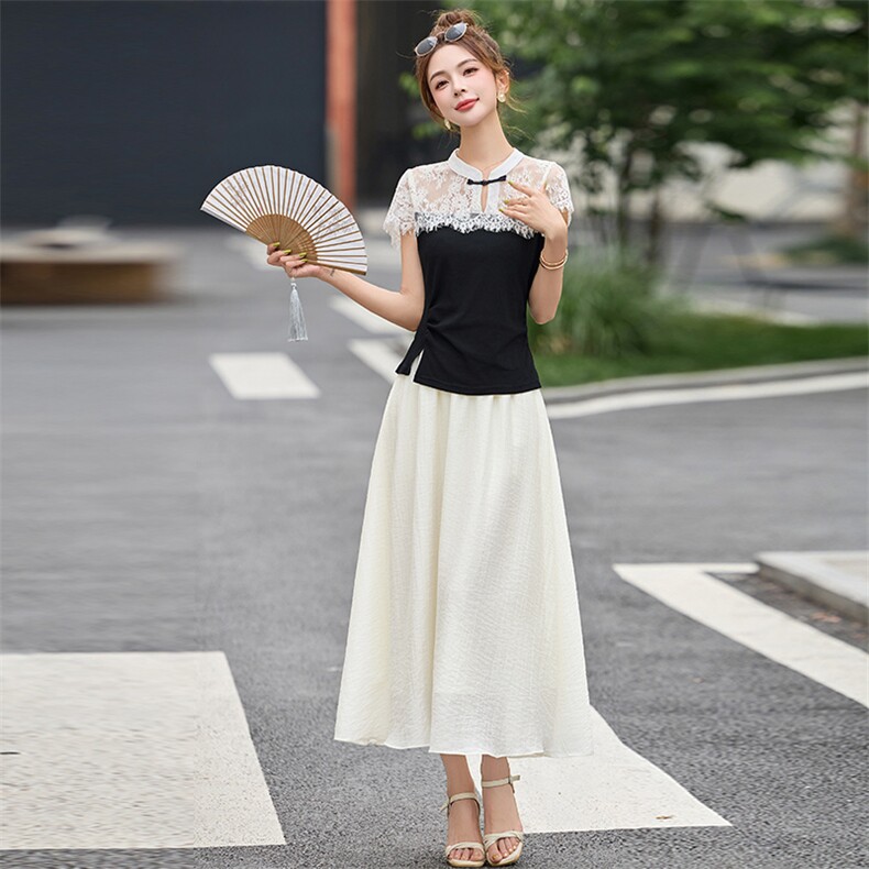 2026年夏季新款蕾丝新中式修身飘逸两件套裙，女装套装/套裙，心心服饰