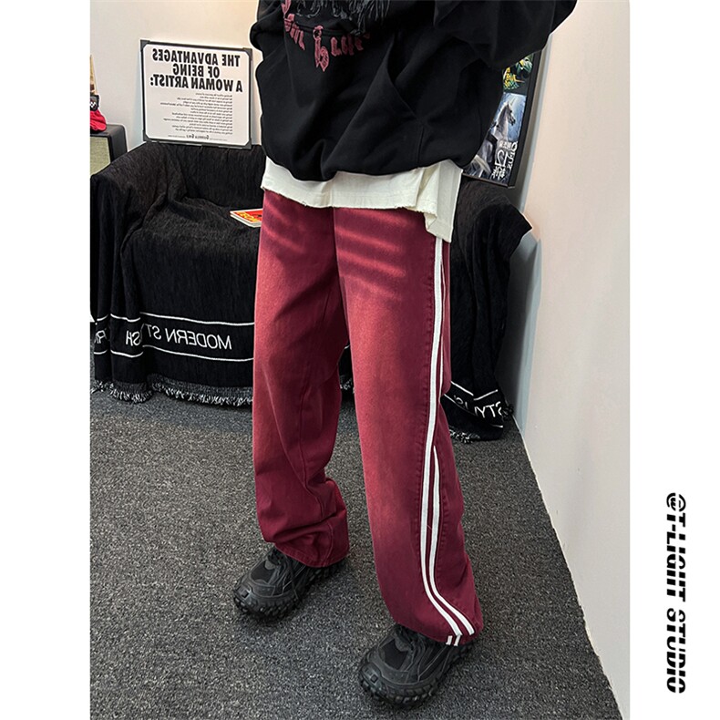 B221美式ins高街小众宽松三条杠运动牛仔裤LK23139-P65控88,男装牛仔裤,电商B221