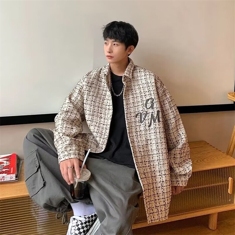 小香风格纹美式复古衬衫男潮宽松情侣休闲上衣JK35-P55,男装衬衫,星座208-5