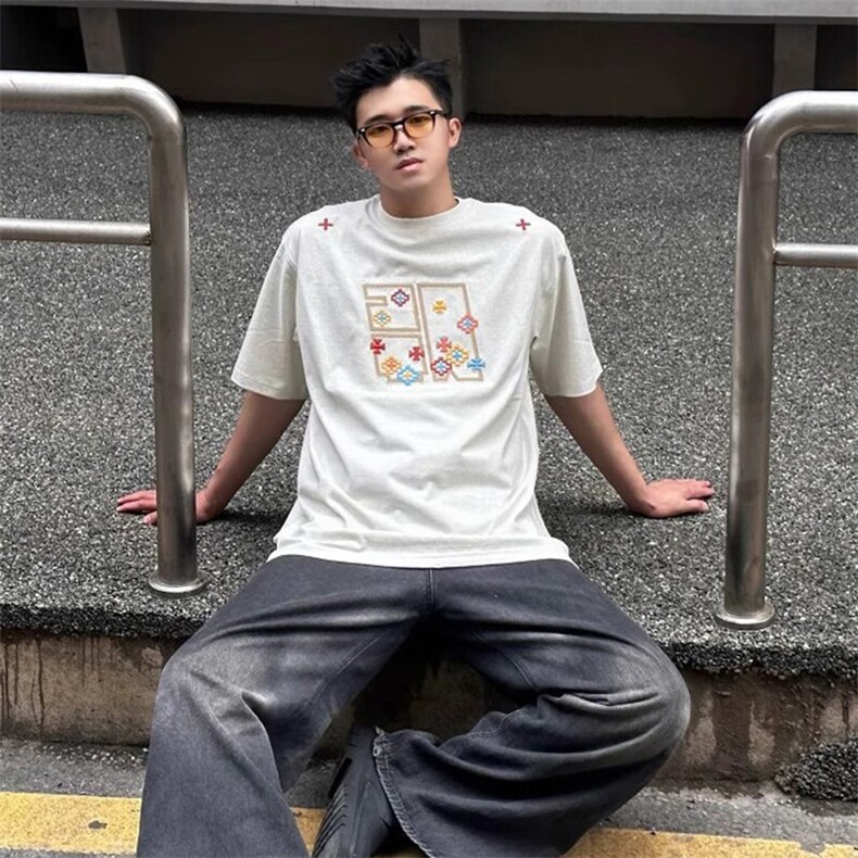 万针全刺绣工艺高品质260克双纱纯棉美式高街短袖T恤特P33,男装T恤,电商A486-1