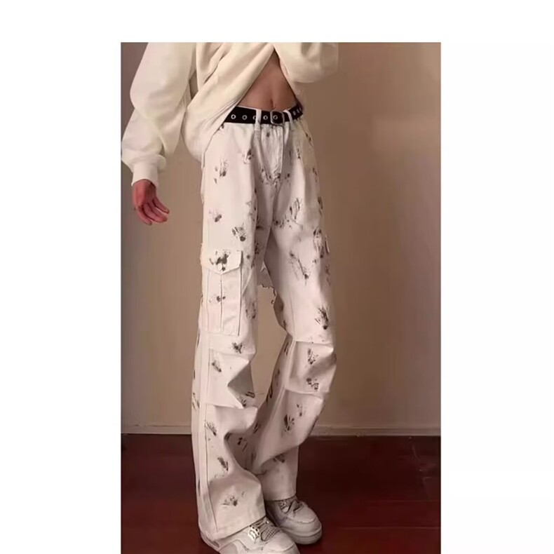 美式复古涂鸦泼墨工装裤男秋季宽松直筒大口袋潮牌街头休闲裤子,男装工装外套,星座218-1（原230）