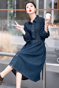 欧货牛仔连衣裙女长袖秋季2025新款时尚大码胖mm显瘦中长款衬衫裙图片