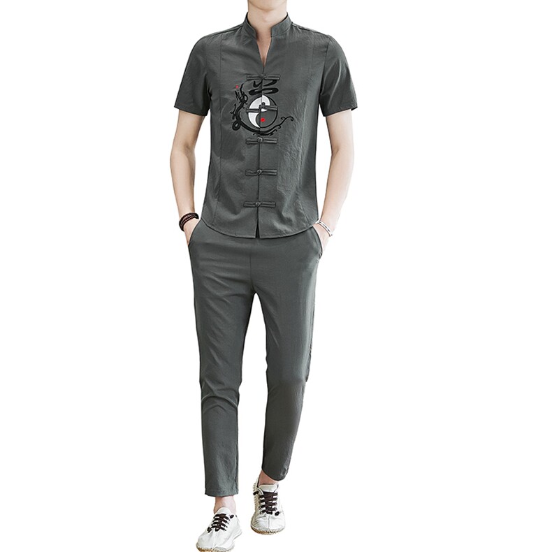 中国风男士唐装汉服夏季亚麻套装棉麻短袖休闲修身潮流TZ026-P50,男装T恤,星座509