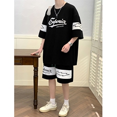 2024夏上新潮牙刷绣时尚半袖套装拼接短裤T恤男女6633-P60控价88，男装T恤，电商A441-1