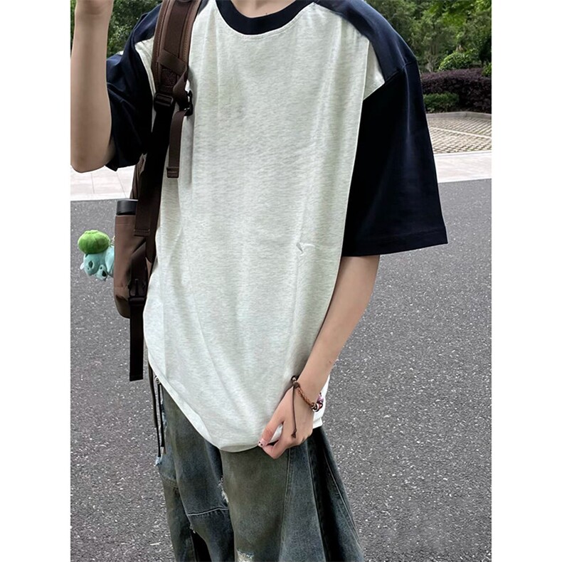 抖音得物高品质二开240克宽松纯棉美式潮牌插肩袖拼接短袖T恤，男装T恤，电商A486