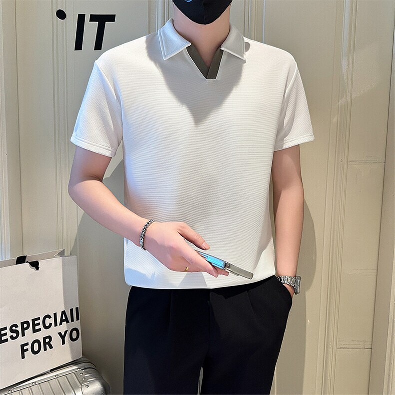 店主风社会小伙男士拼色V领POLO衫男休闲T恤301A-1/PL105/P48,男装T恤,星座301A-1