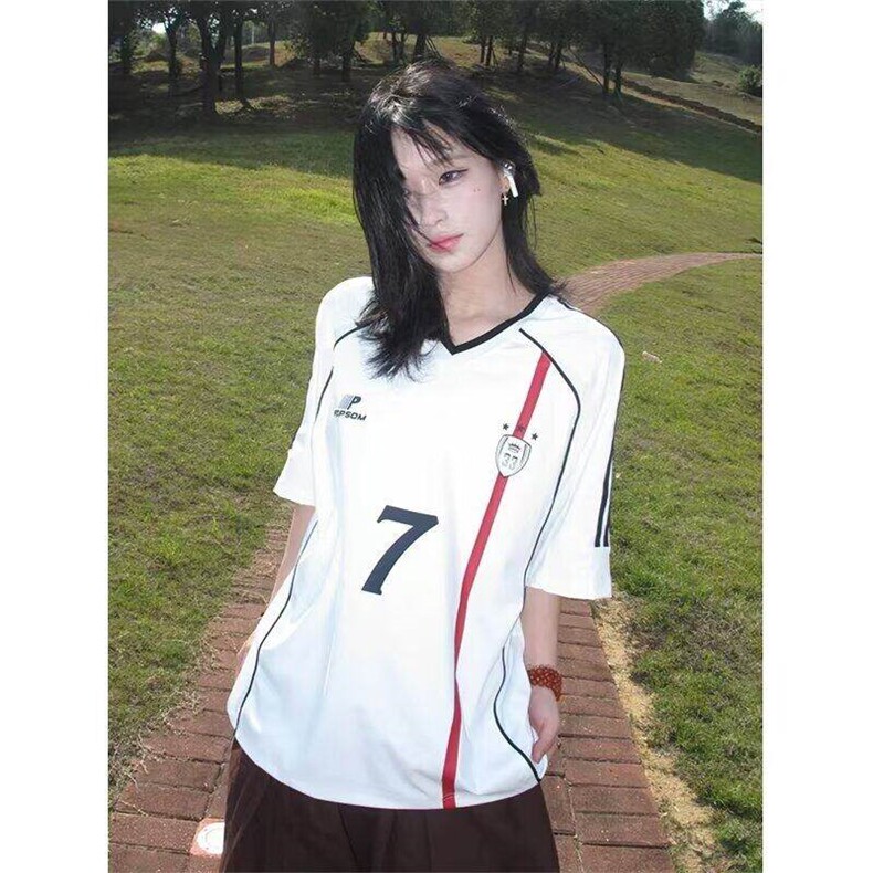美式条纹v领短袖t恤女夏季宽松休闲设计感高级感球衣LT811-p44图片