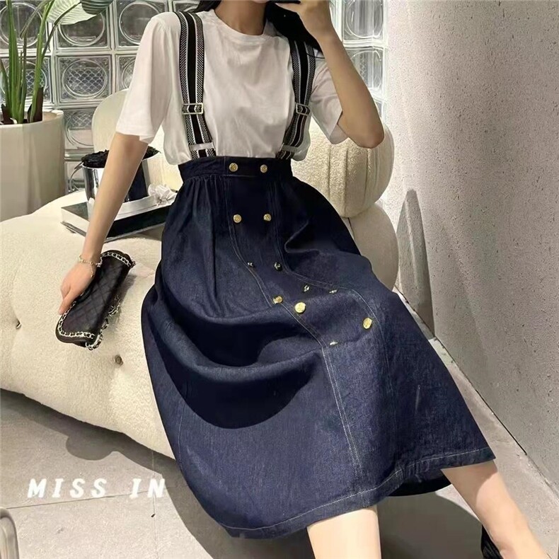 【现货】前面双排扣宽背带牛仔背带裙,女装其它,衣生缘