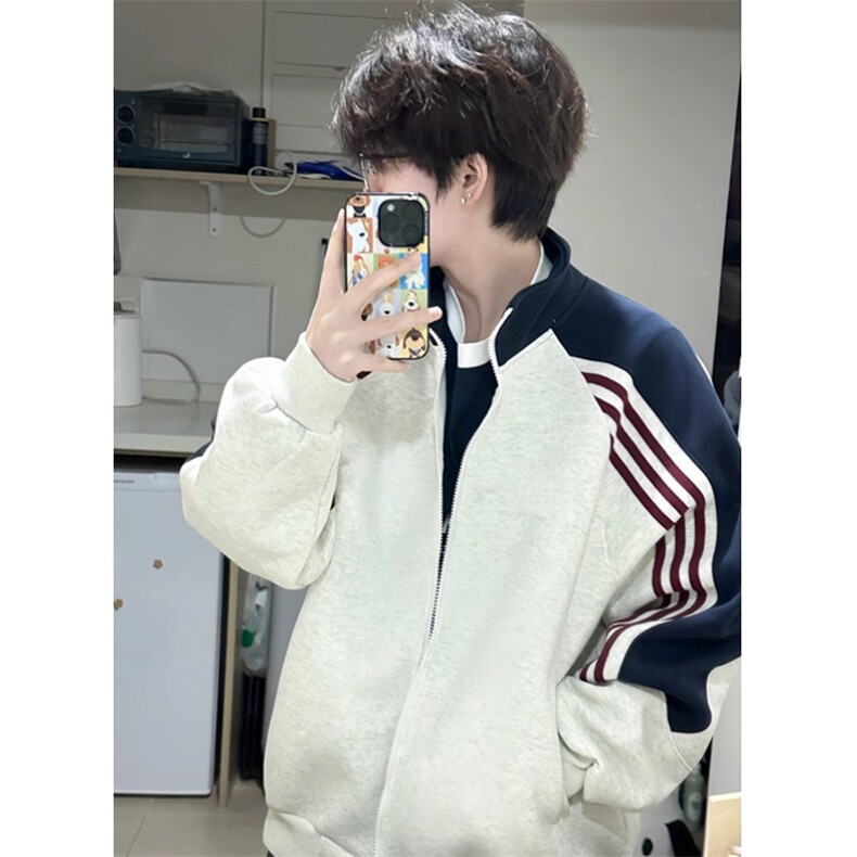 秋季新款拼接撞色三条杠开衫卫衣男女宽松运动休闲外套W103,女装短外套,星座1116A（原606A-3）