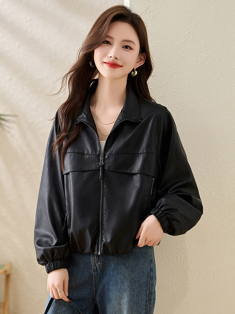 气质翻领黑色皮衣女2025春秋新款小个子短款休闲高级感皮夹克外套,女装短外套,沁沁公主