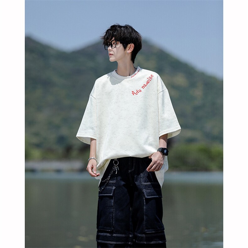 8XL-M 高级感复古扎染短袖男波浪纹半截袖美式刺绣T恤DX345图片