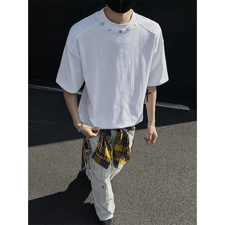 高品质二开240克宽松纯棉美式高街痞帅金属纽扣短袖T恤SH2501,男装T恤,电商A486-1