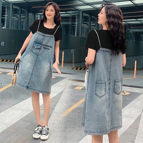 牛仔裙女2021夏新款韩版夏装假两件套卫衣连衣裙宽松显瘦小个子,女装连衣裙,瑶迪依秀