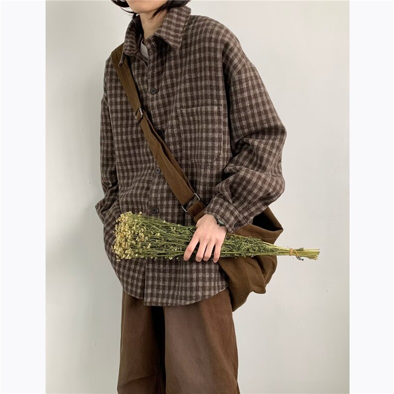 格子衬衫外套男长袖宽松慵懒风男生复古外穿衬衣CS200-P43，男装衬衫，星座308B-2