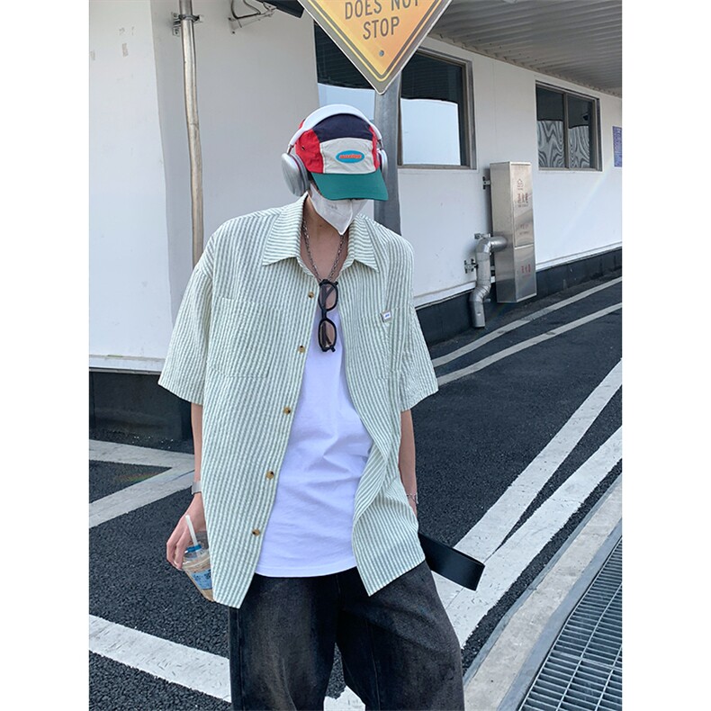 夏季潮流大码宽松百搭撞色贴标条纹短袖衬衫DC2218-P38【特价】,男装T恤,电商A007