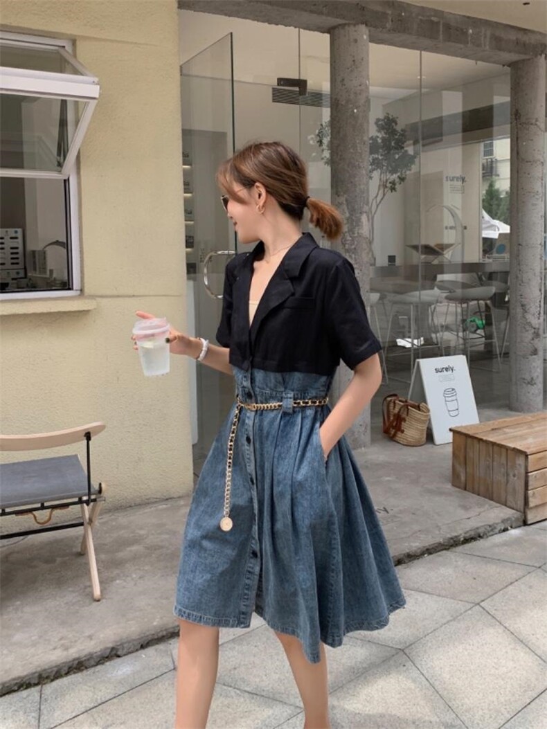 牛仔拼麻连衣裙，女装连衣裙，肆尔