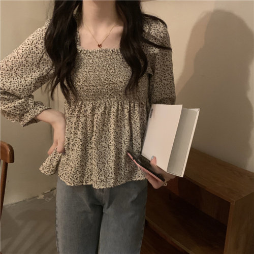 碎花雪纺衫新款方领收腰显瘦衬衫，女装蕾丝衫/雪纺衫，潮品会