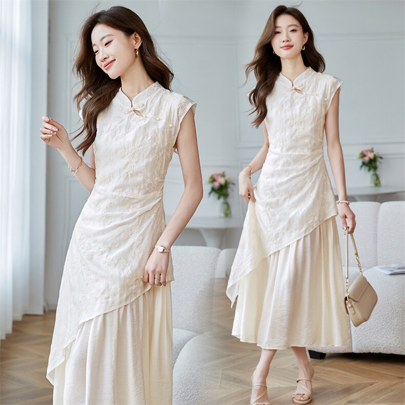 拉夏贝尔时尚优雅连衣裙女2025年夏季新款新中式盘扣裙子白色裙子，女装连衣裙，时尚风爆