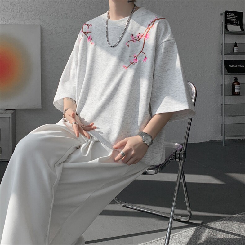 重磅花卉刺绣短袖T恤M-8XL特大码风半袖潮五分袖DX1219/P45,男装T恤,电商B238