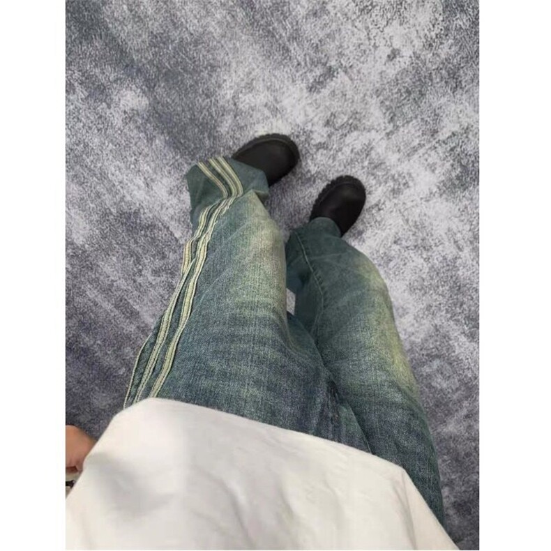 三条杠织带复古牛仔裤欧美炸街裤子男小众水洗休闲直筒裤潮,男装牛仔裤,星座410-7