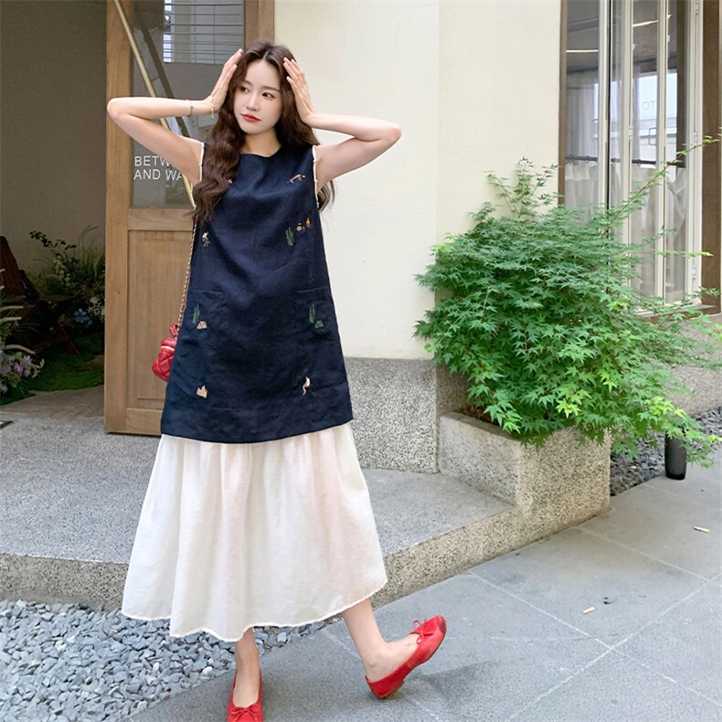 韩版假两件连衣裙女气质2025夏季新款时尚刺绣撞色拼接设计感长裙,女装连衣裙,2D034