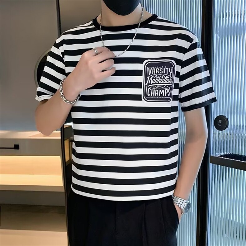 条纹短袖T恤男宽松潮流潮牌上衣百搭纯棉半截袖 G29图片