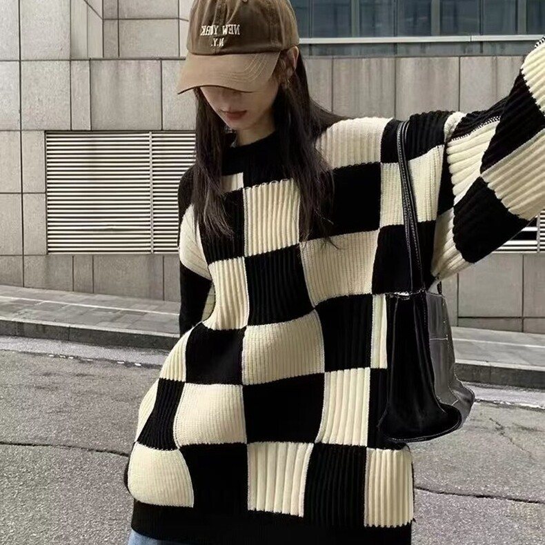 2025年新款设计感小众新年棋盘格毛衣女秋冬季上衣打底衫内搭,男装T恤,星座218-8