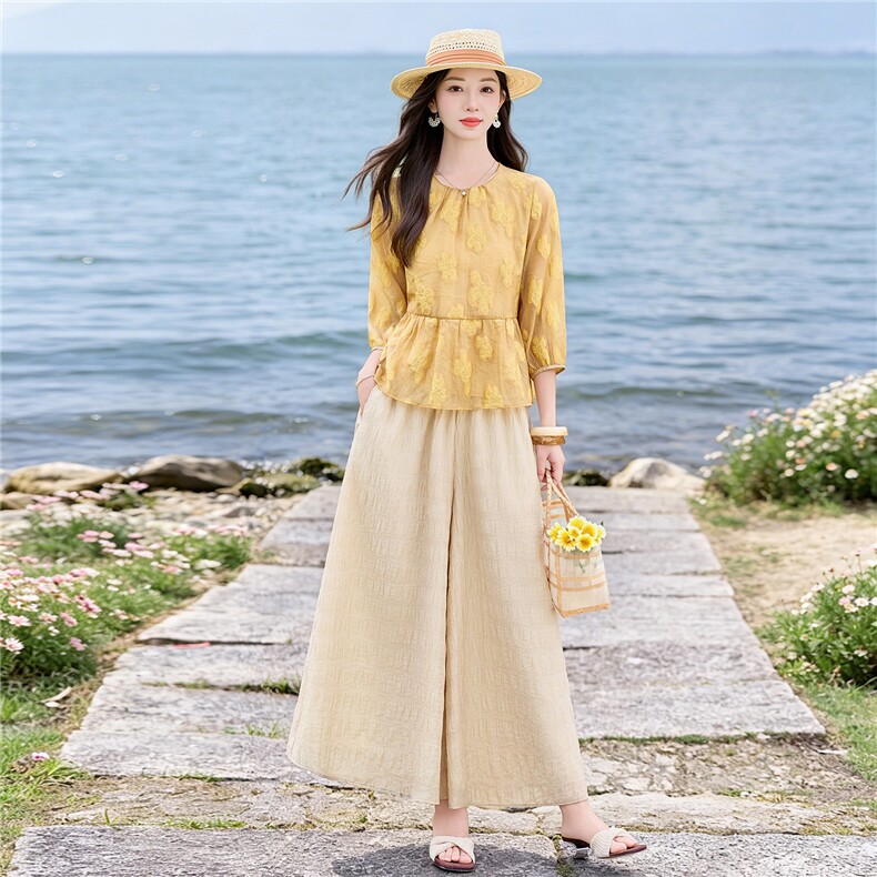 夏新款圆领绣花宽松小衫裙裤优雅气质套装女,女装套装/套裙,水衣源