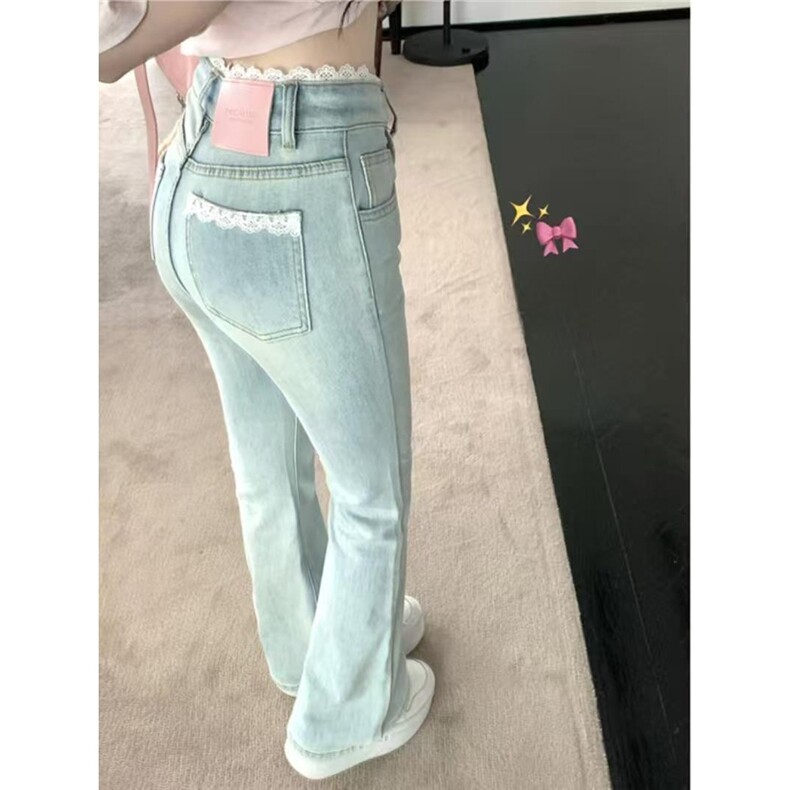 蜜桃芭比蕾丝拼接少女感微喇弹力牛仔裤女夏季高腰显瘦长裤子ins图片