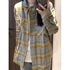 现货黄蓝格子长袖衬衫男美式格纹衬衣小众设计情侣外套K342-P45，男装衬衫，星座1007（原301D）