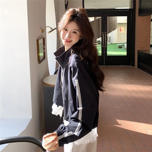 休闲蕾丝拼接黑色短外套女春秋2025新款小个子夹克上衣爆款高级感