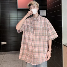 衬衫男短袖文艺格子拼色痞子帅2024夏季潮流ins韩版外套CY919-P35，男装衬衫，星座412-3
