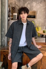 格子短裤短袖套装5XZ1055-TP6099泡泡纱衬衫休闲两件套男，男装衬衫，电商A102