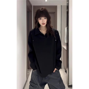 QC3333-P41 春季美式复古翻领POLO衫卫衣情侣简约百搭休闲套头图片