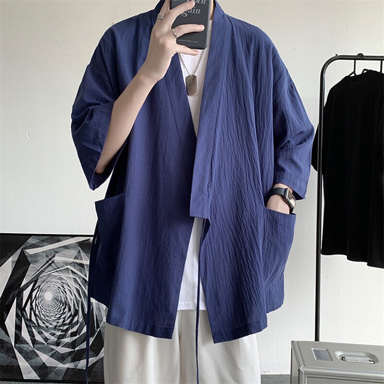 复古棉麻道袍外套衬衣男女宽松五分袖开衫夏季慵懒风短袖衬衫W666图片