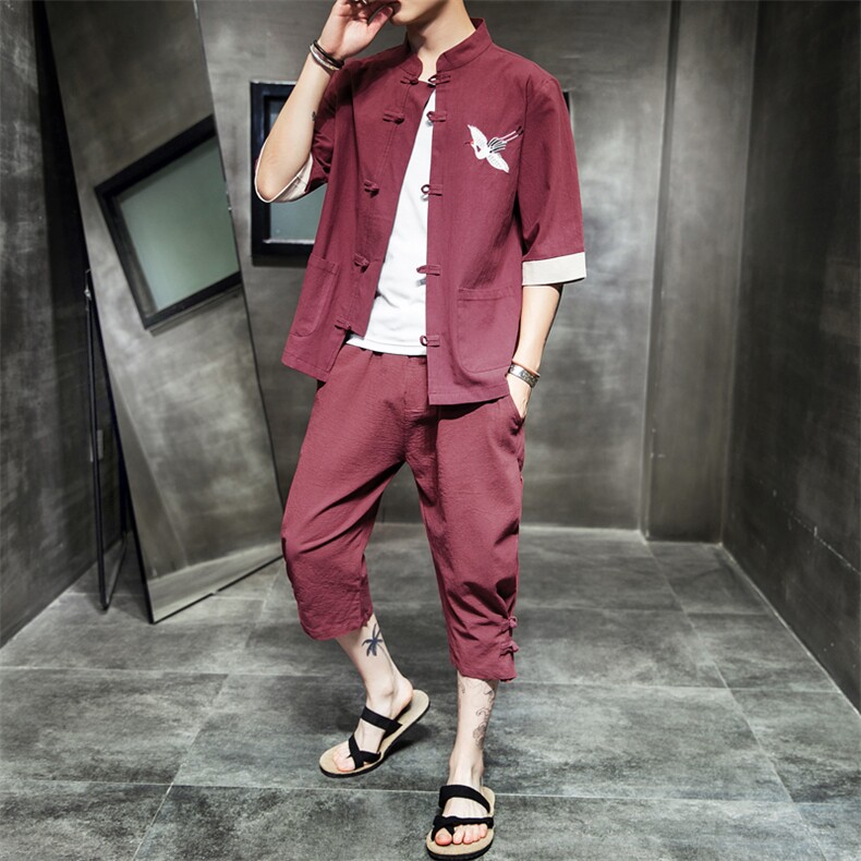 唐装男青年风男装汉服男套装七分袖春装刺绣中山装A812P85,男装休闲套装,钱塘788(原4013)