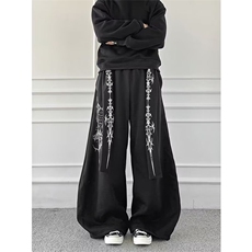 美式高街复古图腾印花设计飘带跳舞休闲裤男女cleanfit宽松弯刀裤，男装休闲裤，星座506A