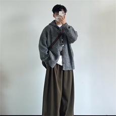 韩高级感灰色连帽毛衣男松弛慵懒风秋冬针织开衫外套潮潮流新款，男装针织衫/毛衣，星座715-4