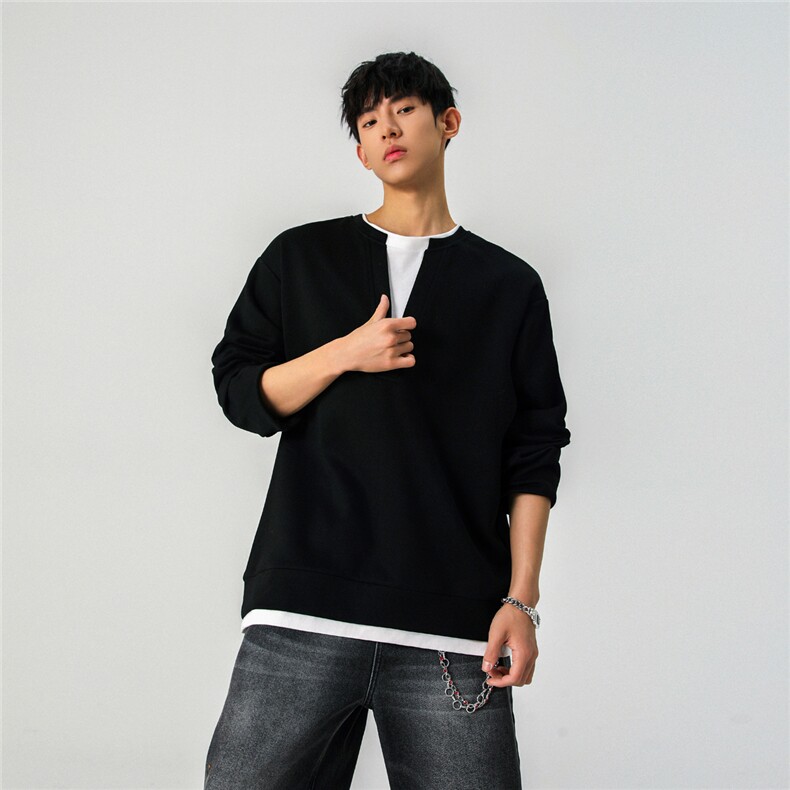 假两件卫衣大V领长TXZ514-824-P48黑控78，男装卫衣，星座514