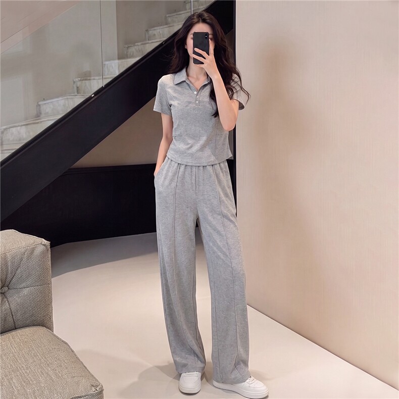 韩版时尚休闲运动套装女夏季新款显瘦气质翻领短袖卫衣长裤两件套,女装套装/套裙,江南