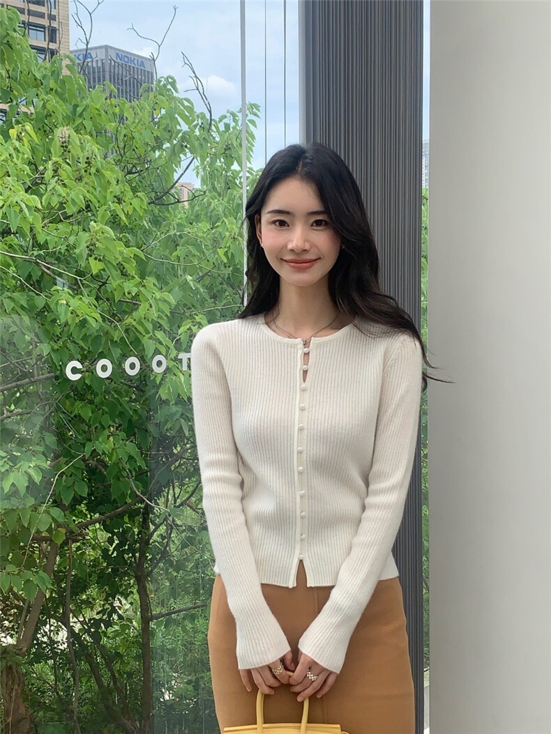 秋冬新款圆高领女纽扣修身开衫上衣针织衫百搭,针织衫/毛衣,玛卡隆羊绒