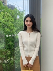 秋冬新款圆高领女纽扣修身开衫上衣针织衫百搭，女装针织衫/毛衣，玛卡隆羊绒