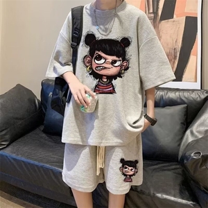 魔丸>>大码动漫涂鸦哪吒短袖套装男女夏季潮休闲套装图片