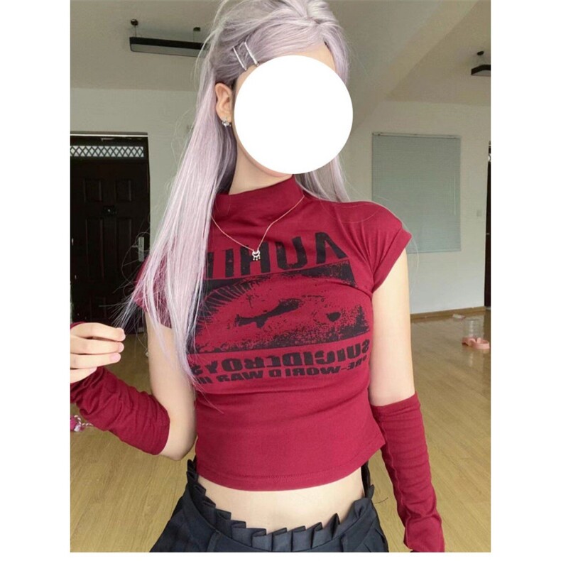 H0507-p30【带袖套】美式立领印花T恤女辣妹修身显瘦百搭短款上衣,女装T恤,星座617A-2