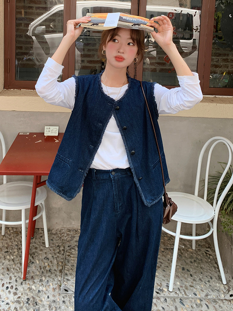韩系蓝色小香风牛仔套装女2025春季新款时尚休闲马甲阔腿裤两件套,女装套装/套裙,浙宝305