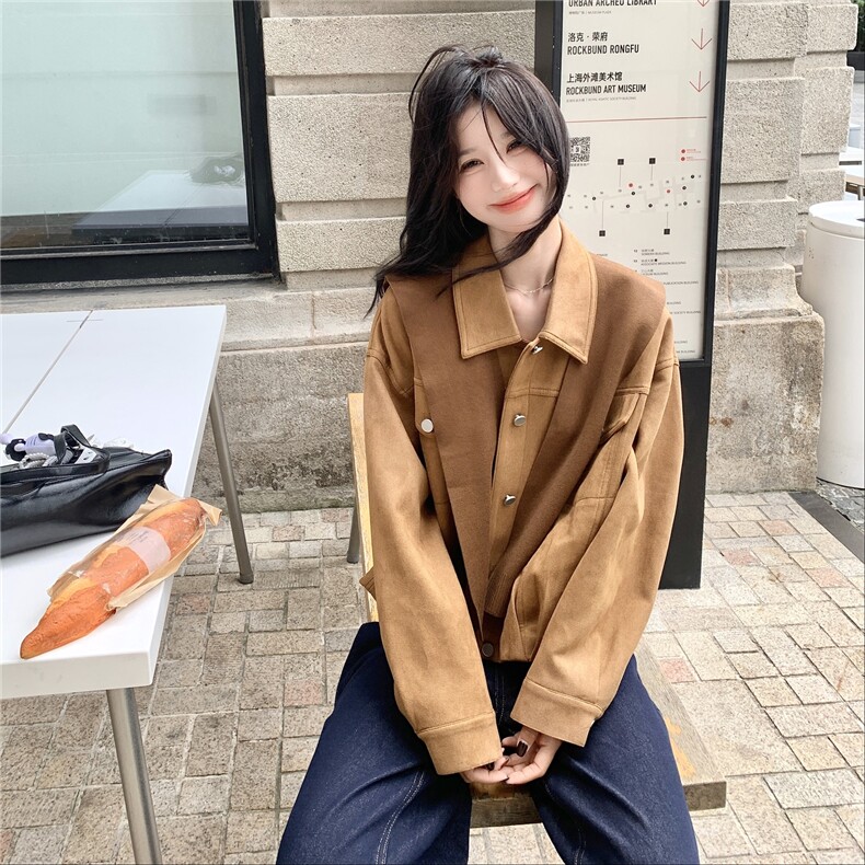 【含披肩】休闲港风短外套女春秋韩系夹克2026新款麂皮绒上衣,女装短外套,2C166