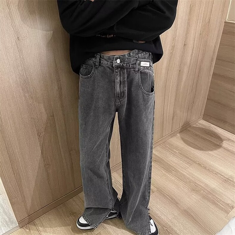 美式高街牛仔裤直筒宽松不规则休闲裤水洗开叉阔腿长裤男N2005P43图片