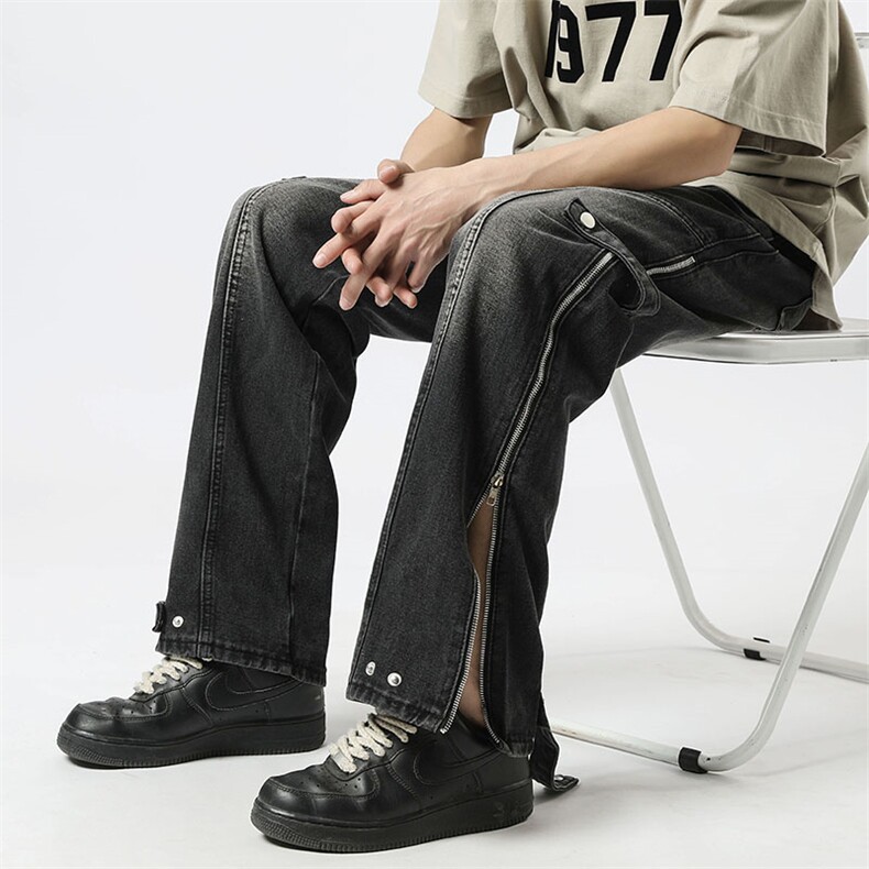 2023美式高街搭扣拉链牛仔裤水洗痞帅开叉裤313A-1-NZ034-P65控78,男装牛仔裤,星座808A-1