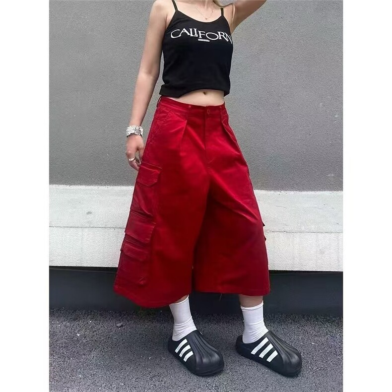 美式小众辣妹工装短裤女夏季宽松ins潮流直筒休闲显瘦阔腿七分裤图片