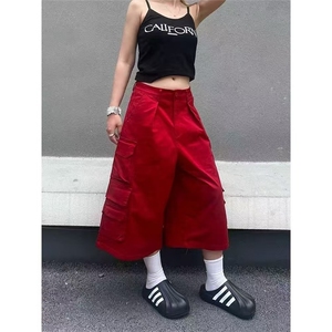 美式小众辣妹工装短裤女夏季宽松ins潮流直筒休闲显瘦阔腿七分裤图片